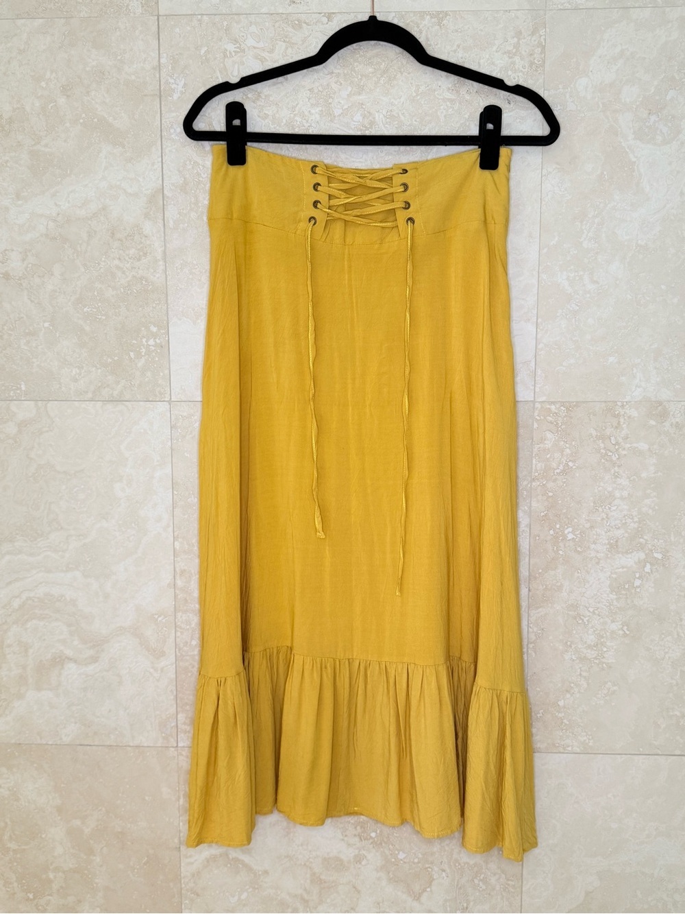 Mustard Lace-Up Ruffled Hem Women’s Skirt - Picture 5 of 9